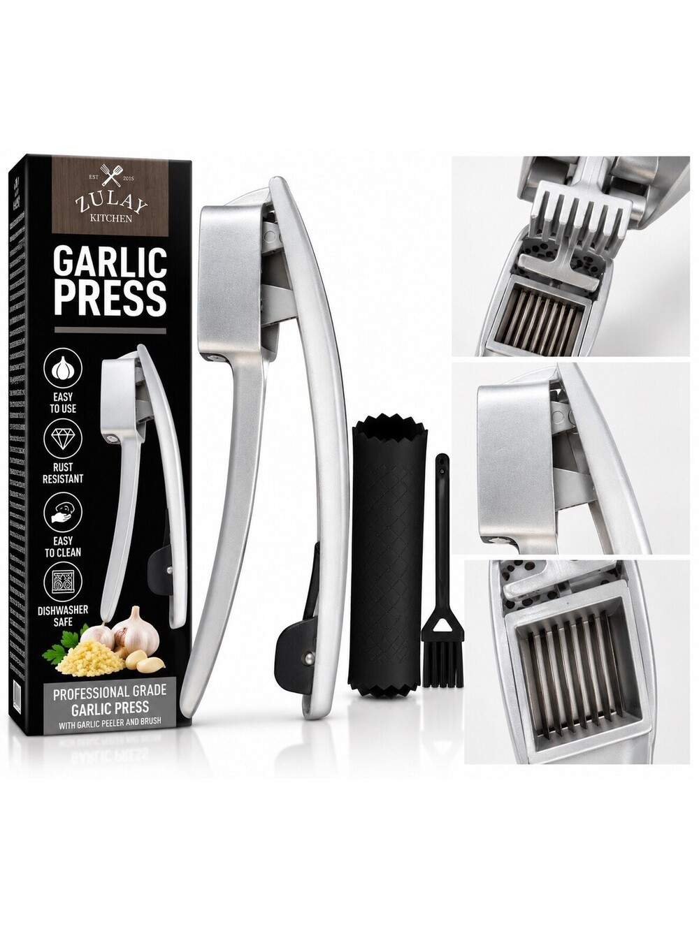 🧄 Zulay Kitchen Professional Garlic Press & Slicer – Silver – 2-in-1